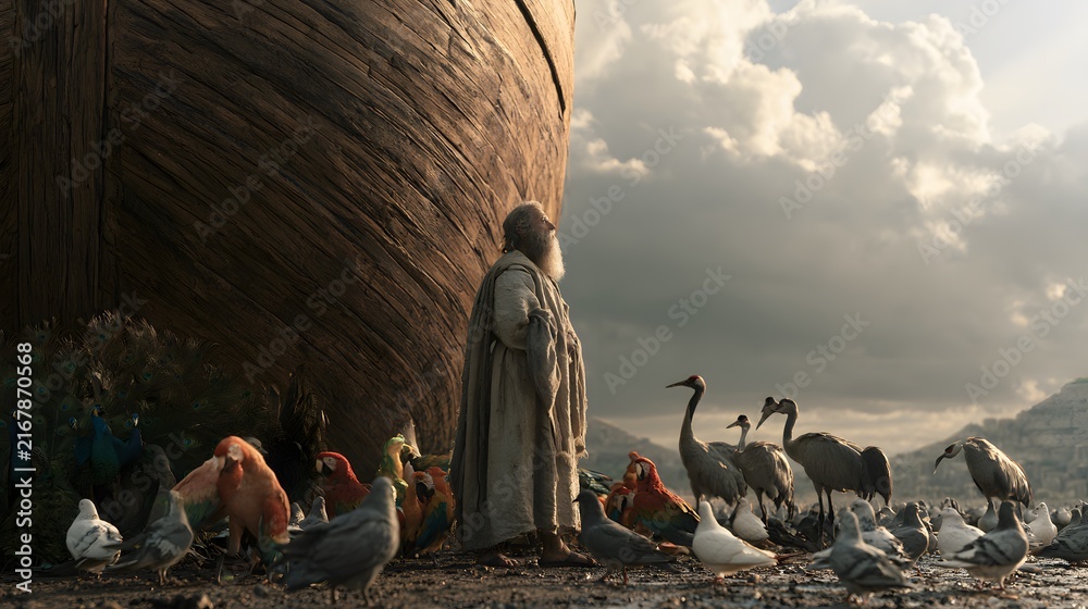 Naklejka premium Elderly noah looking up at the towering wooden ark surrounded by diverse birds