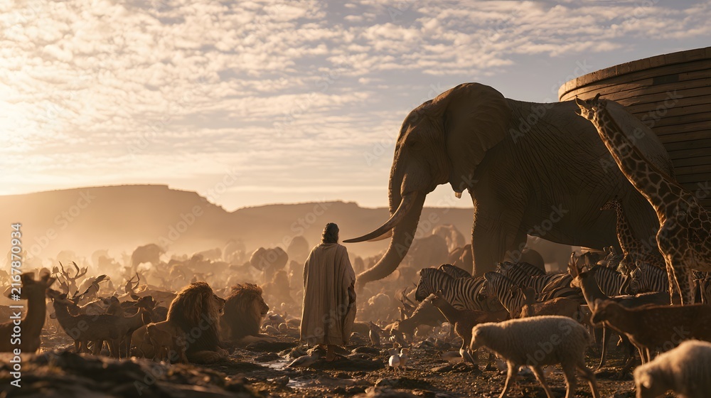 Naklejka premium Noah standing before the ark with many animals gathered