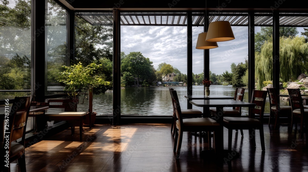 Fototapeta premium Serene Lakeside Dining Area with Large Windows and Natural Light