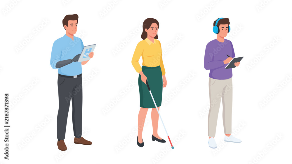 Fototapeta premium Diverse individuals with disabilities using assistive technology and aids for daily life.