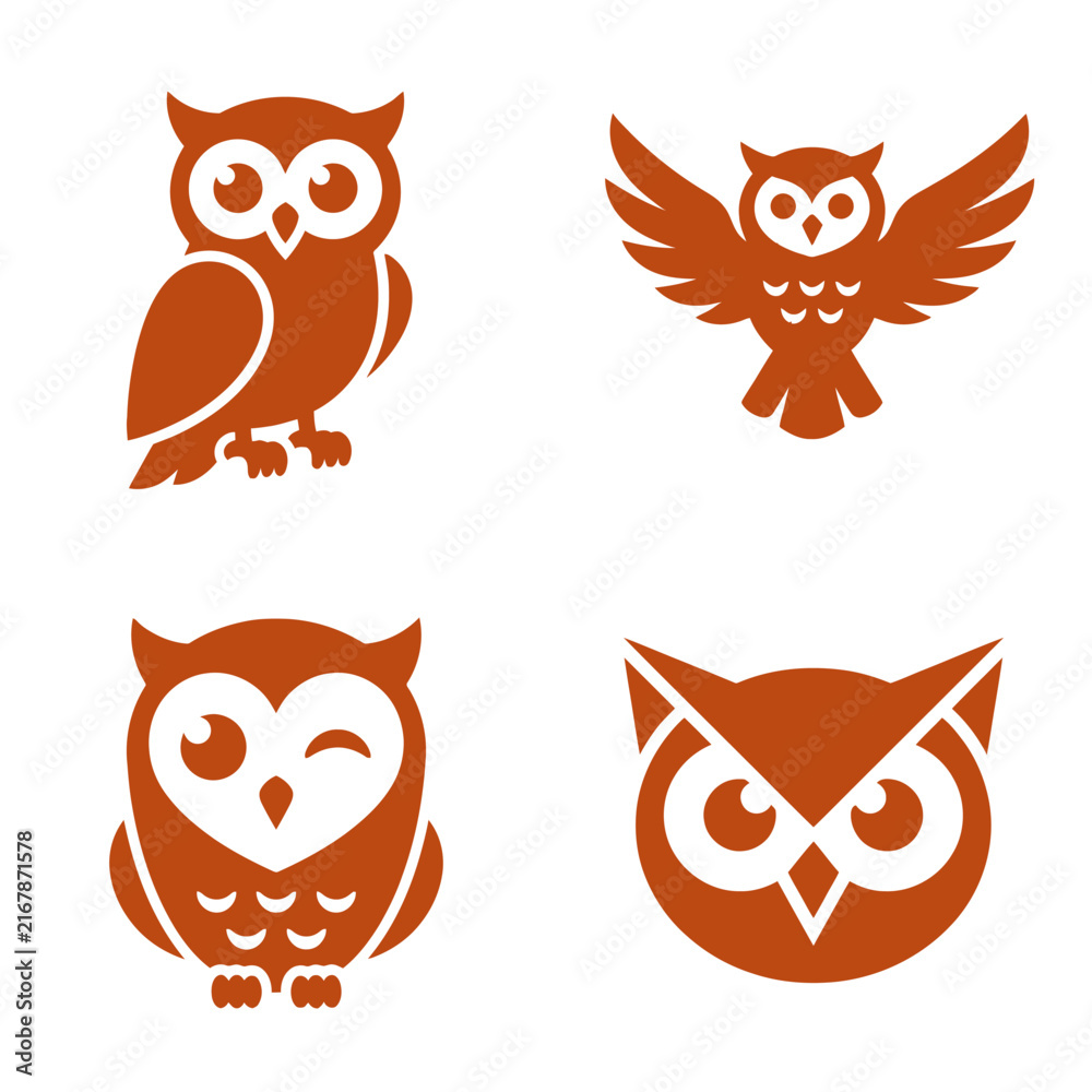 Fototapeta premium Stylized Orange Owl Quartet Illustration for Wildlife and Nature.