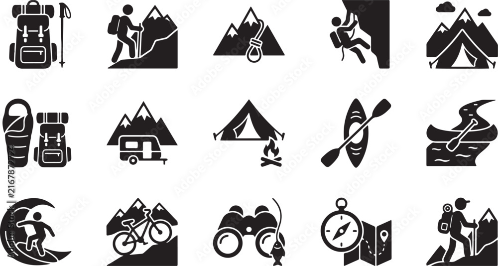 Fototapeta premium Black camping and hiking silhouette icon set for outdoor adventure travel vector