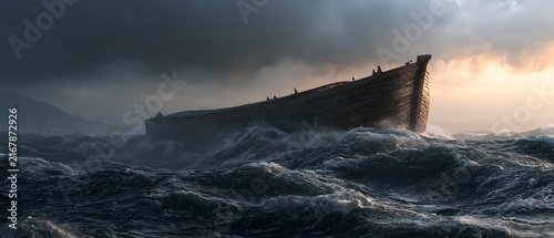 Large wooden ark vessel navigating through a violent storm on a dark, choppy sea