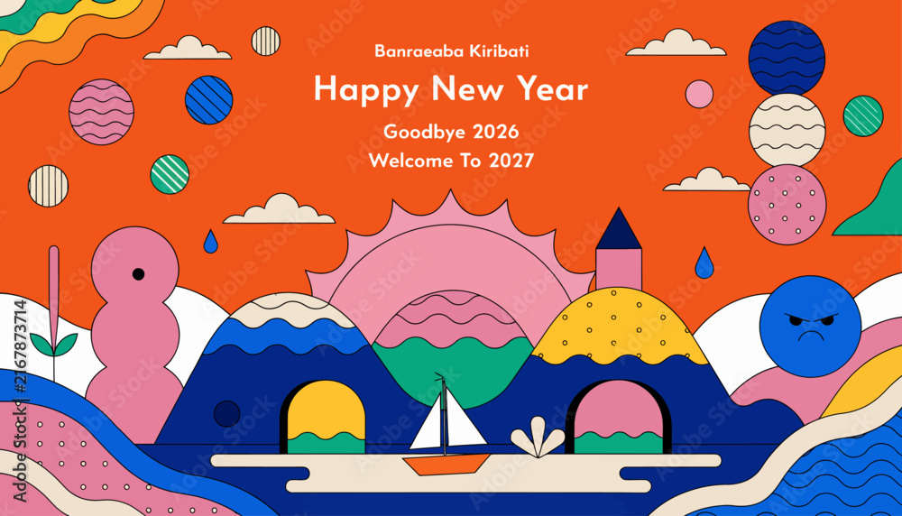 Naklejka premium Happy New Year 2027 Greeting Card with Abstract Landscape and Festive Elements