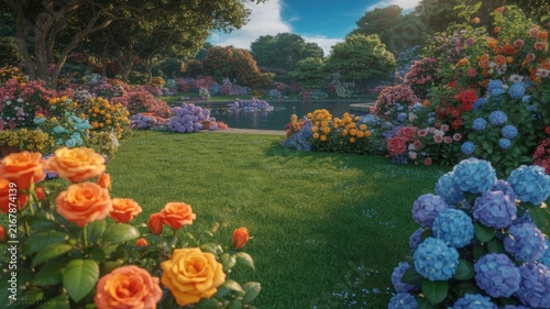 Colorful Roses and Blue Hydrangeas Blooming in Lush Garden with Grass Path