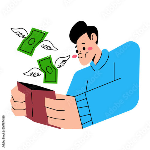Bild auf Leinwand Man holding an empty wallet as money flies away with wings, illustrating financi