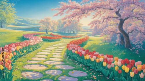 Beautiful spring garden path lined with colorful tulips and cherry blossom trees under sunlight