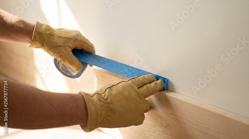 Hands wearing gloves applying blue painter's tape along a wooden trim in a brightly lit room.
