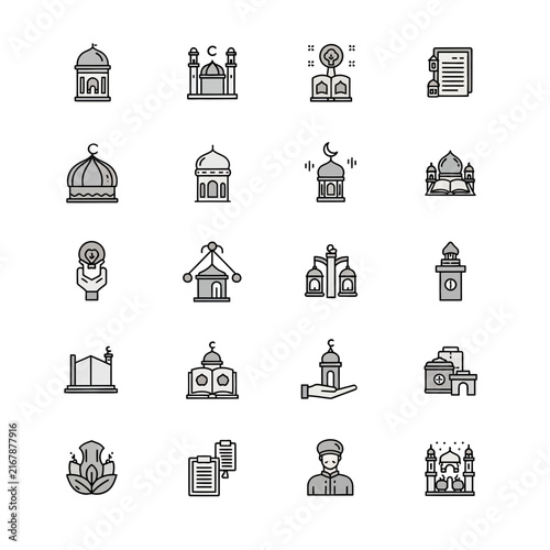 Islamic Icons Set: Mosques, Ramadan Symbols, Muslim Figures, and Holy Book Icons