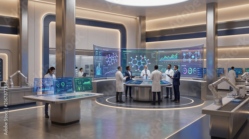 Futuristic Laboratory with Scientists Analyzing Data
