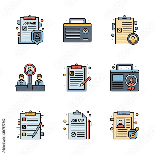 Job Fair Icons Set: Resume, Portfolio, Interview, Recruitment, Career Development