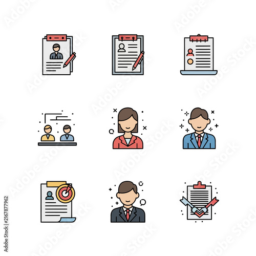 Job Application Icons: Resume, Interview, Candidate Selection, Human Resources