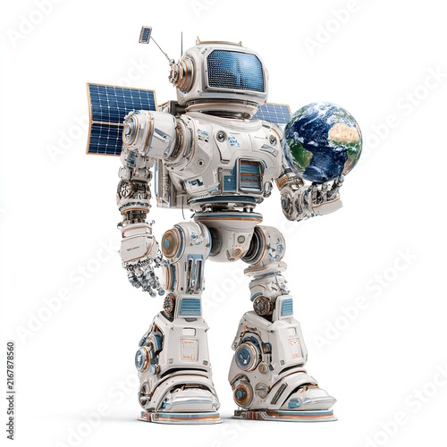 White Space Robot with Solar Panels Holding Earth Globe Eco Technology Concept Photo