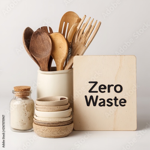 Wooden Kitchen Utensils with Zero Waste Wooden Sign Eco Friendly Concept Photo