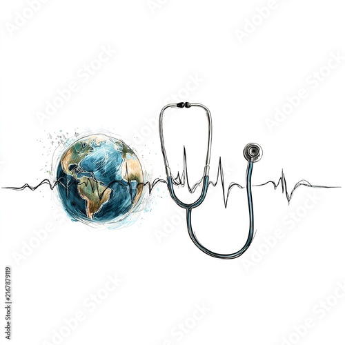 Watercolor Globe with Stethoscope and Heartbeat Line World Health Day Eco Concept Illustration
