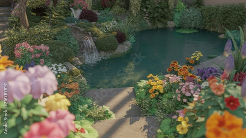 Lush colorful flowers garden with blue pond and small waterfall in summer