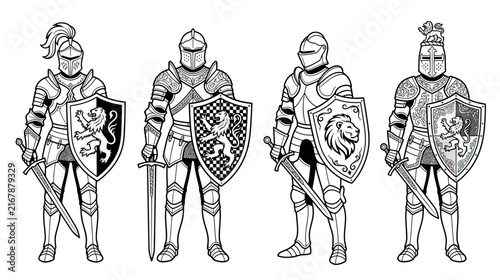 Four Medieval Knights in Full Armor with Shields