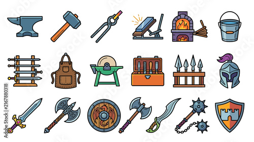 Medieval Blacksmith Tools and Weapons Icon Set