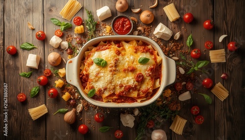 Delicious Lasagna Feast: A piping hot lasagna, topped with melted cheese and fresh basil, sits invitingly in a white baking dish, surrounded by an array of fresh ingredients like tomatoes, pasta.
