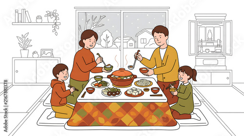 Plakat 立冬の寒い日にこたつに入り家族みんなで温かい鍋料理を囲むイラスト 