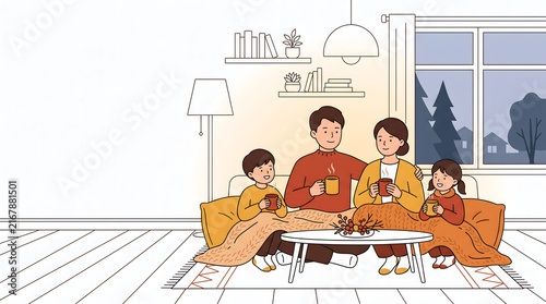 Plakat 立冬の夜に大きな毛布に包まり温かいホットドリンクでくつろぐ家族のイラスト 