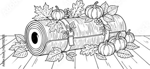 Foto Rolled yoga mat with pumpkins and autumn leaves on wooden planks, black and whit