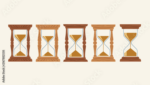 Collection of vintage wooden hourglasses showing different stages of sand flowing down on beige background.