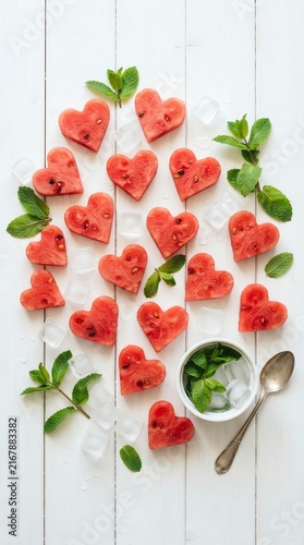 Heart-Shaped Watermelon Pieces with Mint on White Wooden Surface.