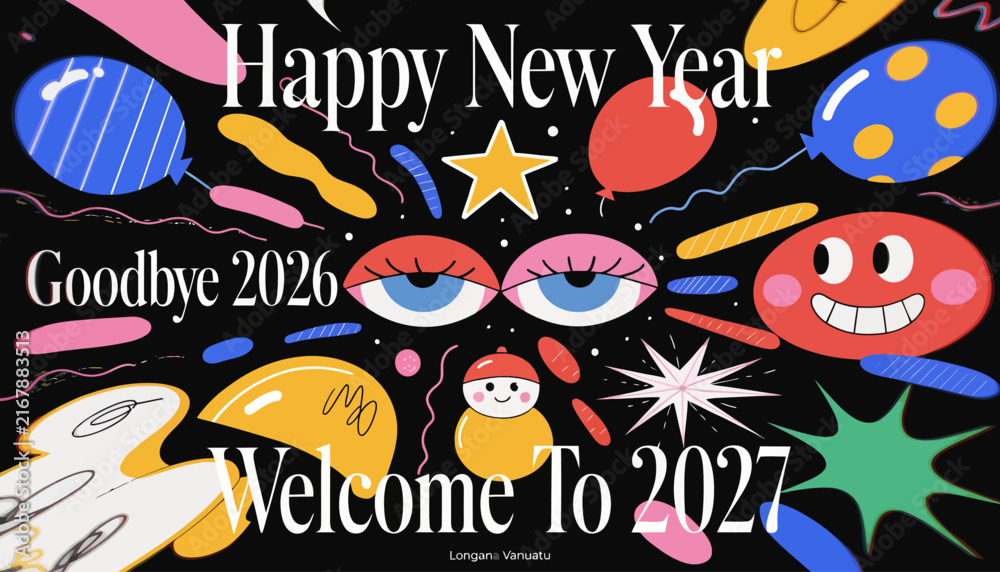 Naklejka premium Happy New Year 2027 Goodbye 2026 Festive Celebration Abstract Shapes, Balloons, Eyes, Stars - Vibrant Party Background