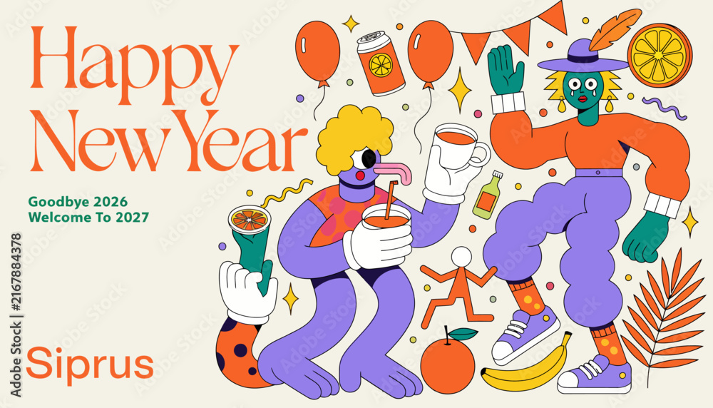 Fototapeta premium Happy New Year 2027 Celebration with Fun Characters, Festive Decorations and Drinks