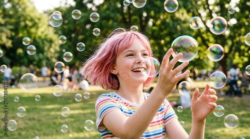 Joyful Girl Playing with Bubbles in Park on Sunny Day.