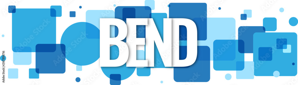 Obraz premium Bold white letters spelling bend set against a decorative pattern of blue geometric shapes and circles