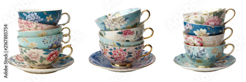 Set of Beautiful floral tea cup set with multicolor flower patterns on transparent png background. Ai generated