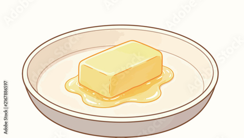 Cartoon illustration of melting butter block on white plate with yellow liquid pool