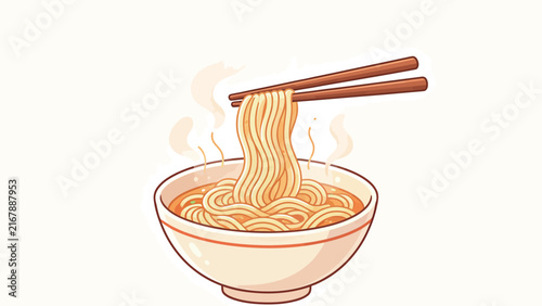 Steaming Hot Noodle Soup in a Bowl Lifted by Wooden Chopsticks