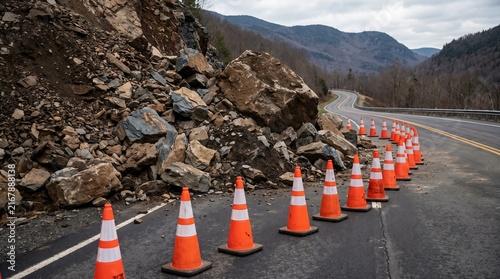 Landslide debris blocking mountain highway, orange cones warning of natural disaster.