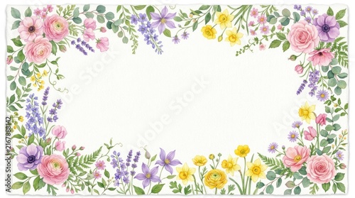 A floral arrangement with pink, purple, and yellow flowers, green leaves, and a white background.