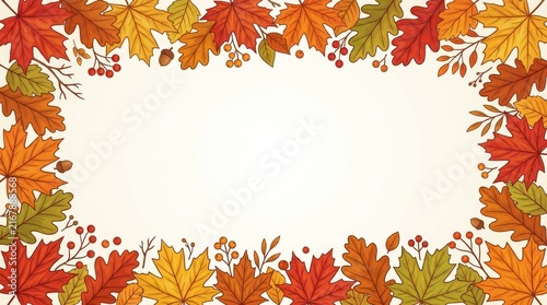 Autumn leaves frame with a white background. The frame is adorned with various autumn leaves in shades of orange, yellow, and brown, interspersed with berries and small branches. 