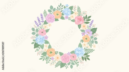 A floral wreath with pink, yellow, and blue flowers and green leaves on a white background.