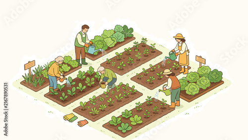 Isometric illustration of a community vegetable garden with diverse people tending to raised beds, watering