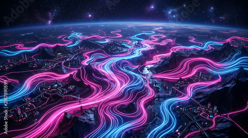 Abstract Neon Wave Landscape from Above, Generative AI.