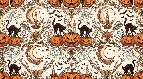 A vintage decorative pattern features traditional symbols like carved orange pumpkins black cats crescent moons and spider webs creating a spooky seasonal atmosphere for your autumn holiday