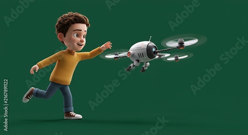 Animated boy chase a white drone illustration on green background