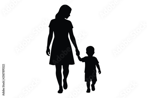 Foto Mother holding hands with her young child walking together vector silhouette