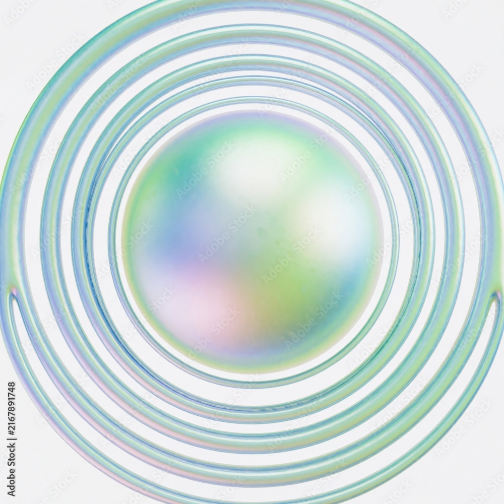 Obraz premium Abstract 3D iridescent sphere with concentric rings. Pastel gradient colors create futuristic holographic effect. Glossy round bubble shape floats in white space. Modern geometric element for digital