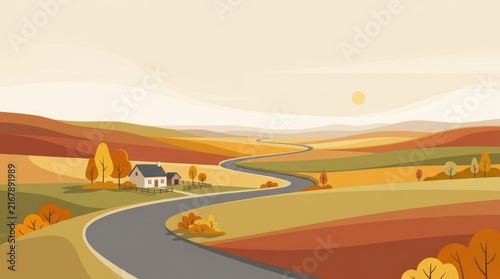 A winding road through a picturesque autumn landscape with a house and trees in the distance.