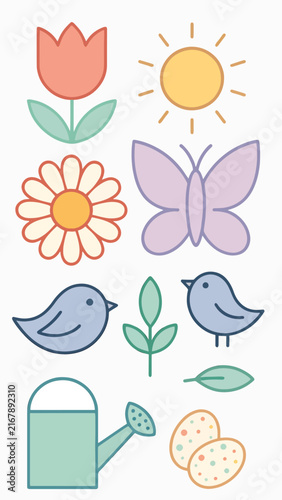 Colorful flat design illustration of spring and summer elements.
