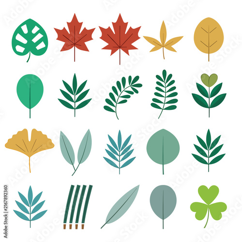 Colorful flat design illustration of various leaf and plant icons.