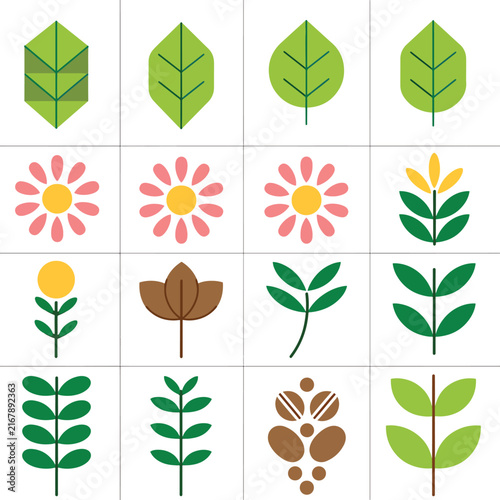 Colorful flat design illustration of various leaves and flowers.