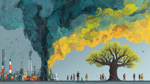 Compare the green tree and meadow clear air field with factory and air pollution with climate change effect